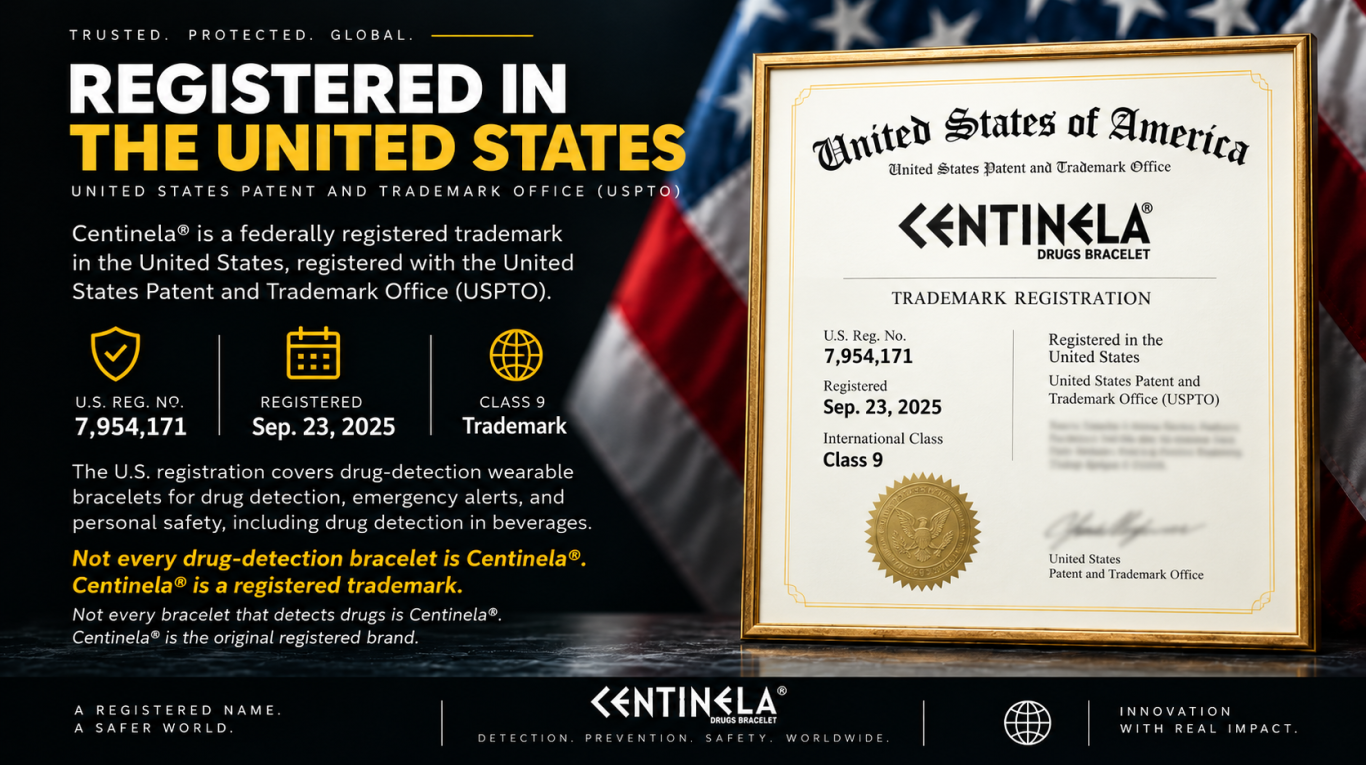 Centinela® – U.S. Registered Trademark Centinela® drug-detection bracelet registered trademark in the United States with the USPTO